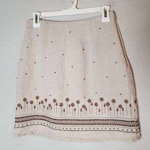 Ann Taylor 100% Linen Embroidered Beaded Skirt Beige Brown Size 2